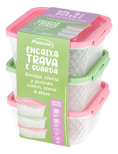 Kit 3 Potes Quadrados Com Trava 550ml Freezer E Micro-ondas